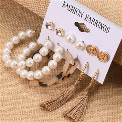 JDENTERPRISES Combo of 6 Pair Golden Coin Stud/Tassel Drop/Pearl Hoop Earrings For Women/Girls Pearl Alloy Hoop Earring