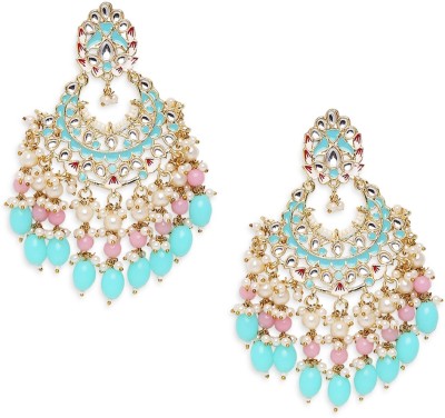 Oomph Mint Green & Pink Meenakari Jadau Ethnic Large Drop Earrings Beads, Crystal Alloy Drops & Danglers