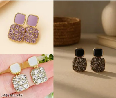 RISHASTYLE Korean shine AD stone earrings combo of three Zircon Alloy Stud Earring, Drops & Danglers