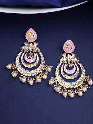 Kairangi Meenakari Peacock Flower Design Beads Chandbali Earrings for Women Crystal, Beads Metal Chandbali Earring