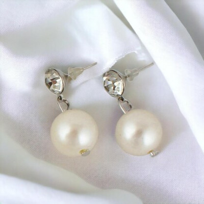 Lakhdatar and Sons Jewellers Pearl Drop Earrings with Cubic Zirconia Stud Pearl, Cubic Zirconia Sterling Silver Stud Earring