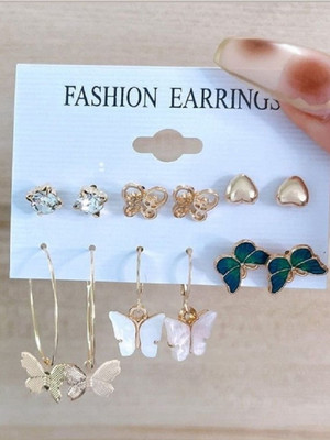 JDENTERPRISES Combo of 6 Pair Gold Heart Stone Stud And Butterfly Hoop Earrings For Women Cubic Zirconia Alloy Drops & Danglers