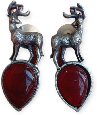 Samarman Dreams Oxidised Earrings deer Design Monalisa Stone Red Brass Stud Earring