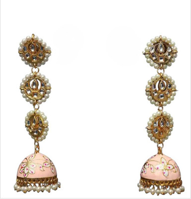 SNAPCHOICE Aarohi Peach Kundan Meenakari Pearl Long Jhumka Earrings for Women & Girls Brass Jhumki Earring