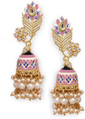 Oomph Pink & Min Green Meenakari Enamel with Kundan & Pearls in Peacock Design Jhumka Pearl, Mother of Pearl Brass, Metal Jhumki Earring