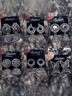JV CREATION Women Fashion Jhumka Oxidised Silver Jhumki Earrings Combo Of 6 Cubic Zirconia Alloy Chandbali Earring, Jhumki Earring, Stud Earring