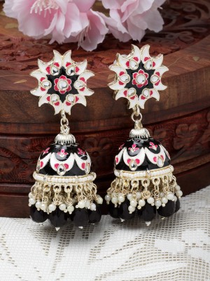 ZENEME Black & White Kundan-Pearls studded Crescent Shaped Hand Painted Jhumka Earrings Pearl Metal Jhumki Earring