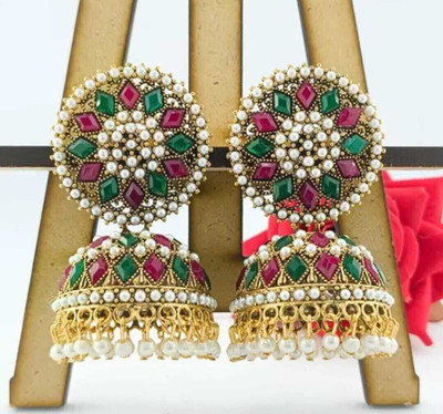 Tiijori 18K Gold-Plated Drop Flower Pearl Earrings for Women Pearl Alloy, Gold Jhumki Earring