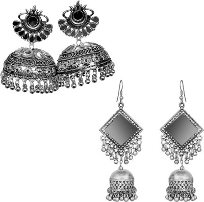 AVR JEWELS Pack of 2 Afghani Style Big Mirror and Square Mirror Beads Jhumki Alloy Jhumki Earring
