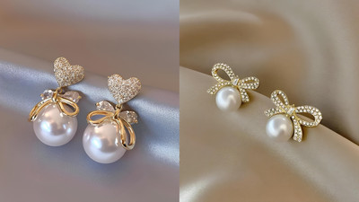 Karishma Kreations New Trendy Pearl Ribbon Drop Earring Combo for women's and girls Alloy Stud Earring