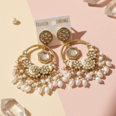 DHVANI Crystal Pearl Chandelier Earrings Beads Alloy Chandbali Earring