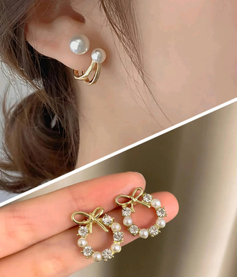 Kradhika Combo of 2 korean earrings bow design crystal stud & Double sided earrings set Alloy Drops & Danglers, Hoop Earring, Jhumki Earring, Earring Set