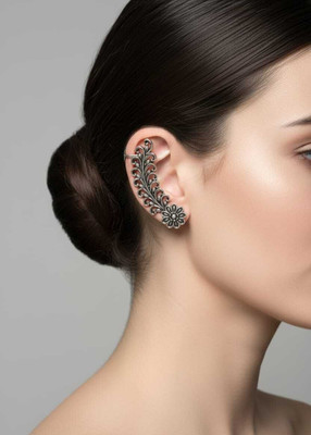 AJKER ANONNA Oxidised Black & Silver Antique Filigree Adjustable Ear Cuff for Women & Girls Brass Cuff Earring