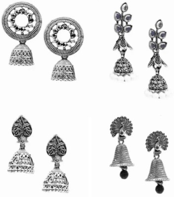 AMONROO Trendy Oxidised Earrings ,Combo set of 4 jhumkies, Floral Pattern earrings Alloy Jhumki Earring