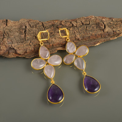Silver Aura Creations Natural Rose Quartz & Amethyst Gold Plated Connector Earrings Quartz, Amethyst Sterling Silver Clip-on Earring, Drops & Danglers