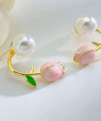 SheOm Karki Korean Pink rose stud earrings Cubic Zirconia Stainless Steel Stud Earring
