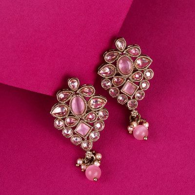 Saloni Fashion Jewellery Flower Shape Pink Kundan Stone Pearl Gold Plated Dangle Earring For Women Cubic Zirconia Alloy Drops & Danglers