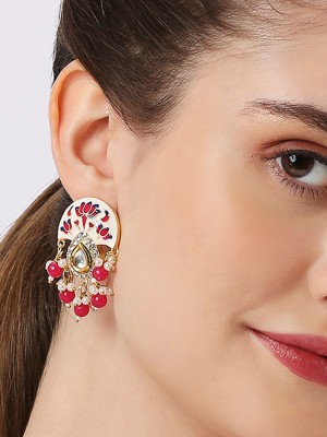 Oomph Rani Pink & White Meenakari Ethnic Drop EarringsKundan & Beads Studded Beads, Crystal Alloy Drops & Danglers