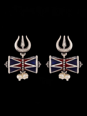 Voylla Moksha Damru Trishul Oxidised Silver Enamel Earrings Brass Drops & Danglers