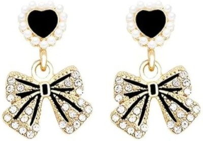 Divaart Pearl Bow Earrings for Women & Girls, Crystal Bow Heart Shaped Dangle Earrings Crystal Brass Drops & Danglers