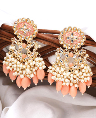 Karatcart Gold Plated Kundan Studded Peach Meena and Tumble Dangler Earrings for Women Alloy Drops & Danglers