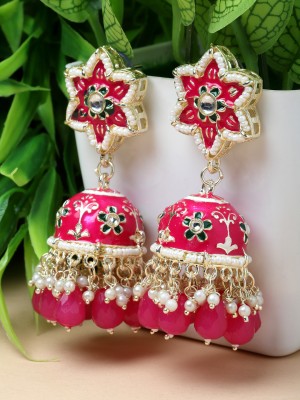 ZENEME Pink & White Kundan-Pearls studded Star Shaped Enamelled Jhumka Earrings Pearl Metal Jhumki Earring