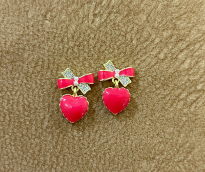 Devisha Trinkets Korean Scarlet Red heart bow cute chic earrings for women Cubic Zirconia Alloy Drops & Danglers, Earring Set, Huggie Earring, Rhinestone Studs, Stud Earring