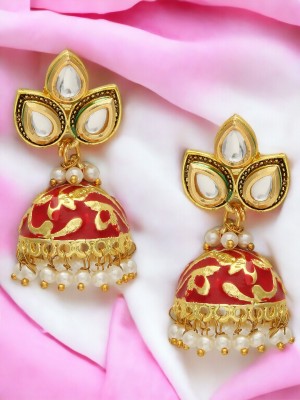 ANOUK Red Meenakari Kundan & Pearls Ethnic Jhumka Beads, Crystal Alloy Jhumki Earring