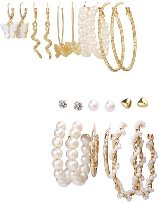 Vembley Combo of 11 Pair Lavish White Pearl Crystal Studs and Hoop Earrings Alloy Hoop Earring