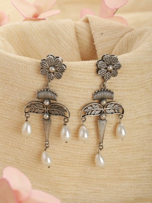 AATMANA Silver Plated Floral Shaped Contemporary Pearl Drop Earrings Pearl Brass Drops & Danglers