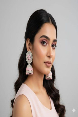 pas Unique pink & silver Beads Stone Jhumka Earrings for women & girl for party wear Crystal, Cubic Zirconia, Beads Alloy Plug Earring, Jhumki Earring, Earring Set, Drops & Danglers