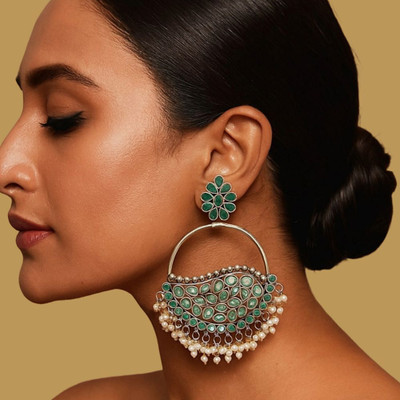UnfoldSelf Designer Green Chandbali Earrings Alloy Jhumki Earring, Drops & Danglers, Chandbali Earring