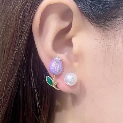 neze Tulip Pearl Flower Earrings Tulip Enamel Earrings Alloy Stud Earring