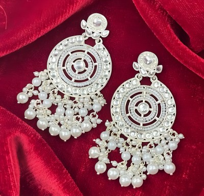 Vigilantee Jewels White Pearl Kundan Mirror Beads White Gold Plated Drop And Danglers Earrings Set Beads, Moonstone, White Zircon, Pearl Alloy Drops & Danglers, Chandbali Earring, Earring Set, Rhinestone Studs, Stud Earring