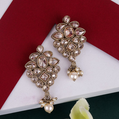 Saloni Fashion Jewellery Flower Shape Brown Kundan Stone Pearl Gold Plated Dangle Earring For Women Cubic Zirconia Alloy Drops & Danglers