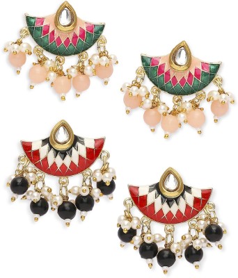 Oomph Combo of 2 Meenakari Ethnic Drop Earrings - Light Pink & Red Black Floral Beads, Crystal Alloy Drops & Danglers