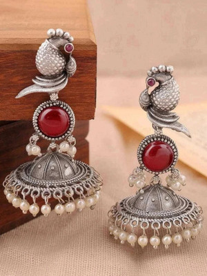 DANGAR ENTERPRISE Beautiful Unique Design Oxidised Silver Stone Alloy Stud Earring