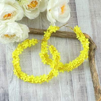 Jewelgenics Handcrafted Yellow Floral Beaded Hoop Earrings Beads, Pearl Alloy Hoop Earring, Huggie Earring