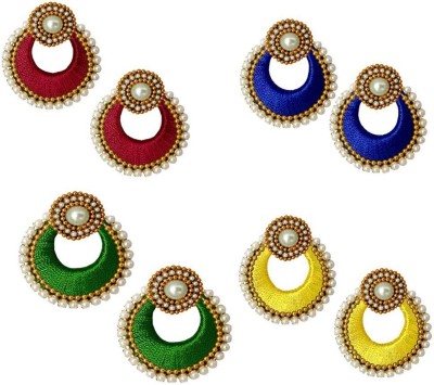 Tia Crafts Handmade Silk Thread Maroon, Blue, Green and Yellow Fabric Chandbali Earring