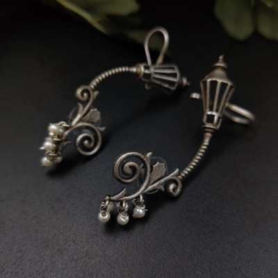 BLOOM & GROW JEWELRY Beautiful Lamp Earcuff | Oxidised Silver Replica Earrings Brass Cuff Earring