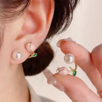SS FASHION JEWELLERY Korean Pink Tulip Flower Pearl Stud Earrings with Pearl Alloy Cuff Earring Pearl Alloy Cuff Earring