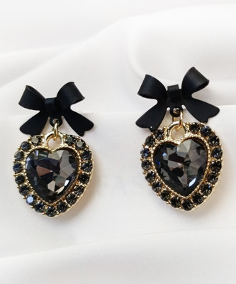 MyFlips Korean Black Stud Earring Heart Shape Cubic Zirconia Alloy Drops & Danglers