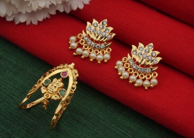 PINAAKA DARINI 1 gm Gold Coated Lakshmi Vanki Vangi Ring Pathnapu Ring Ungaram Pearl Alloy Earring Set