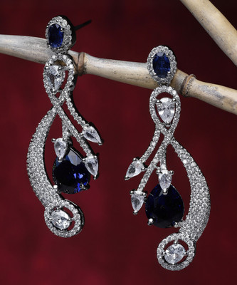 ZENEME Rhodium-Plated Navy Blue American Diamond studded Quirky Shaped Drop Earrings Cubic Zirconia Brass Drops & Danglers