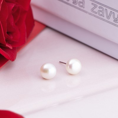 ZAVYA Rhodium Plated White Freshwater Pearl 9.5mm | With Certificate of Authenticity Pearl Sterling Silver Stud Earring
