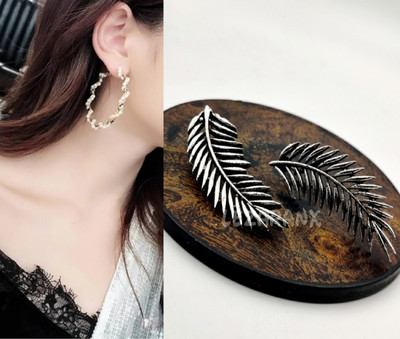 AER Creations Combo Of Pearl Spiral Balli & Leaf Stud Brass Plug Earring