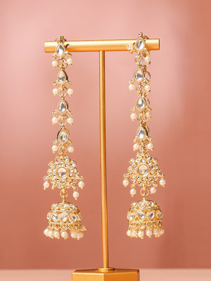 RUBANS 18K Gold-Plated White Kundan & Cream Pearl Beaded Long Jhumka Extensions Brass Jhumki Earring
