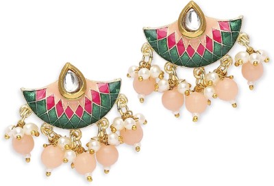 fabula Light Pink & Green Meenakari Ethnic Drop Earrings Beads, Crystal Alloy Drops & Danglers