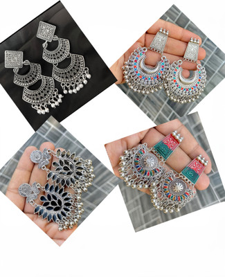 sarthak royal Pack of 4 Latest Stylish Traditional Multicolor Meenakari Oxidised Silver Pearl Alloy Chandbali Earring