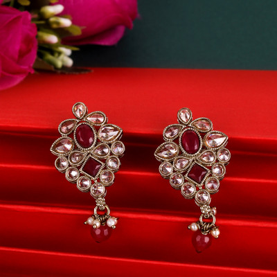 Saloni Fashion Jewellery Flower Shape Red Kundan Stone Pearl Antique Gold Plated Dangle Earring For Women Cubic Zirconia Alloy Drops & Danglers